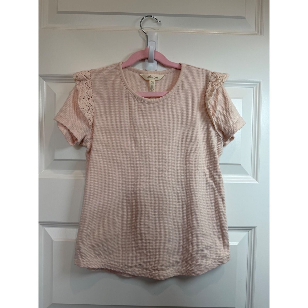 2. Matilda Jane Girls Pink Waffle Knit Crochet Lace Ruffle Short Sleeve Top 10